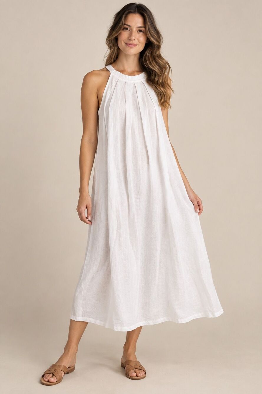 Bellambra White 100% Linen Halter Midi Dress M Made in Italy Lagenlook